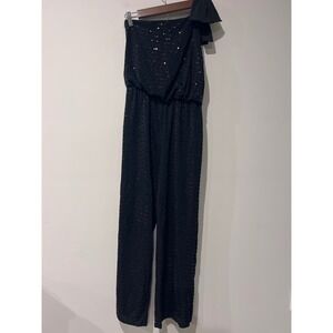 Alexa B Nites Black Sequined One Shoulder Wide Leg Jumpsuit Bow Detail Size 6